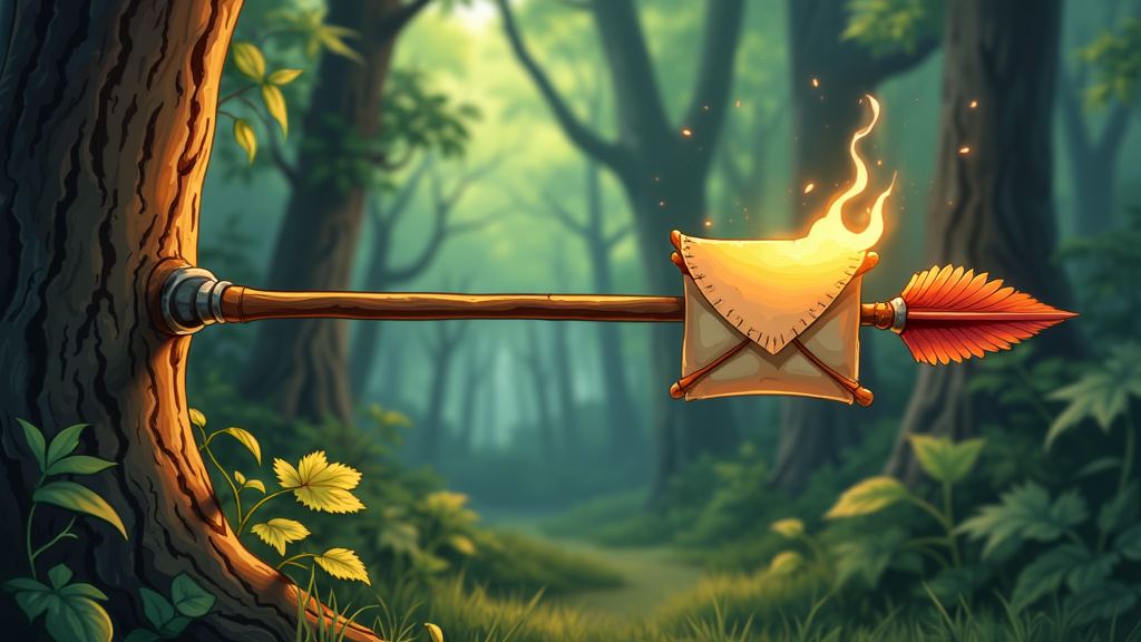 A burning letter tied to an arrow, stuck in a tree in a sunlit forest